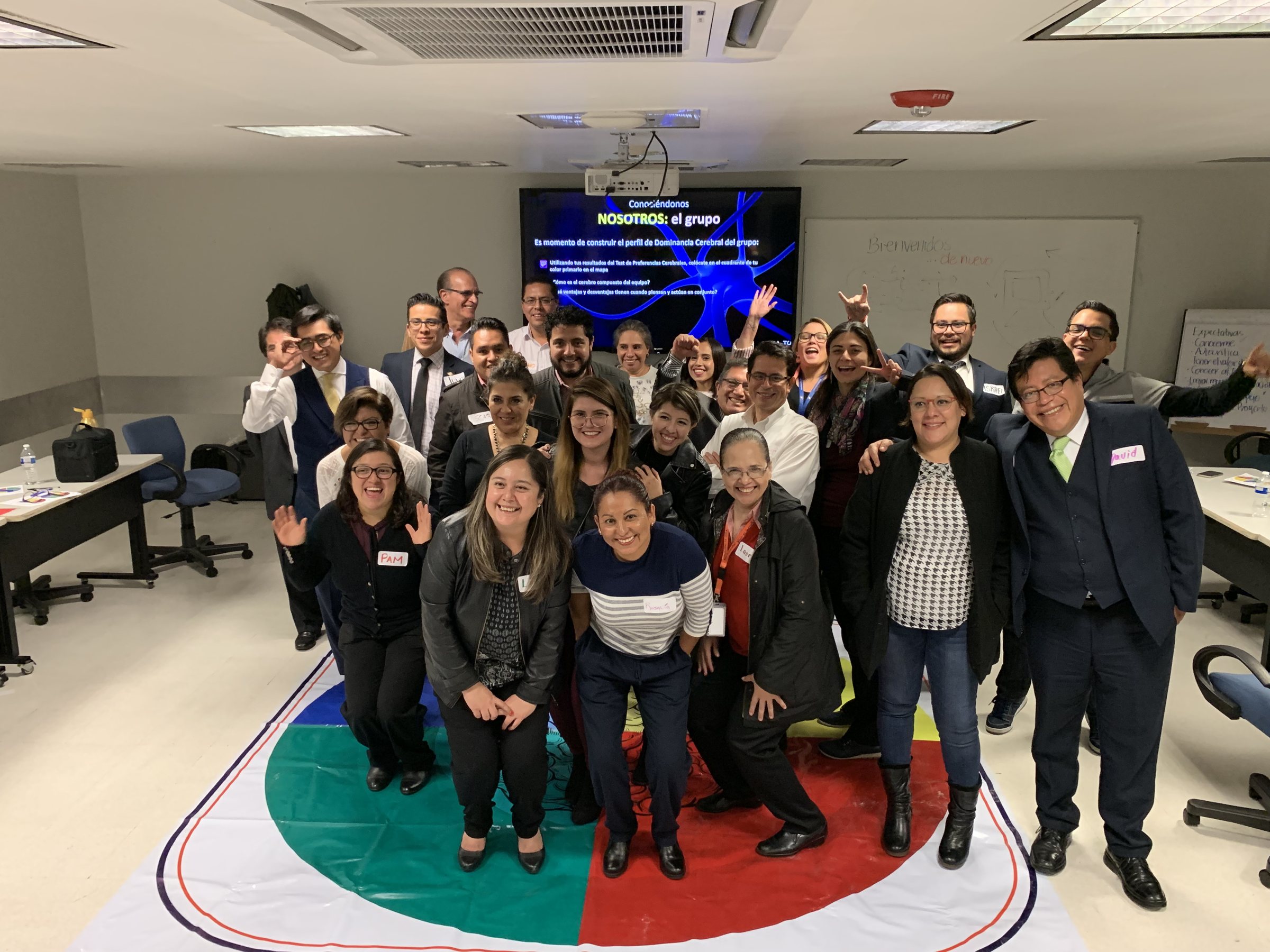 Un equipo reunido sobre su mapa de trabajo durante un taller de alto desempeño
